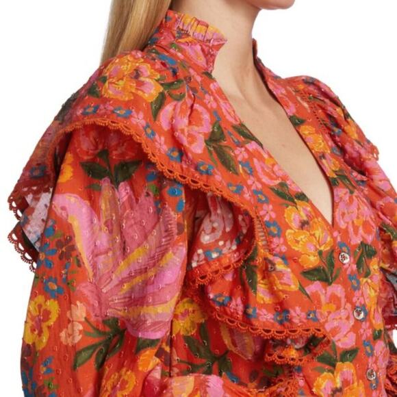 Farm Rio Bananas Ruffle Clip Dot Textured Cotton Blouse RED Puff Sleeve XS - Picture 4 of 16